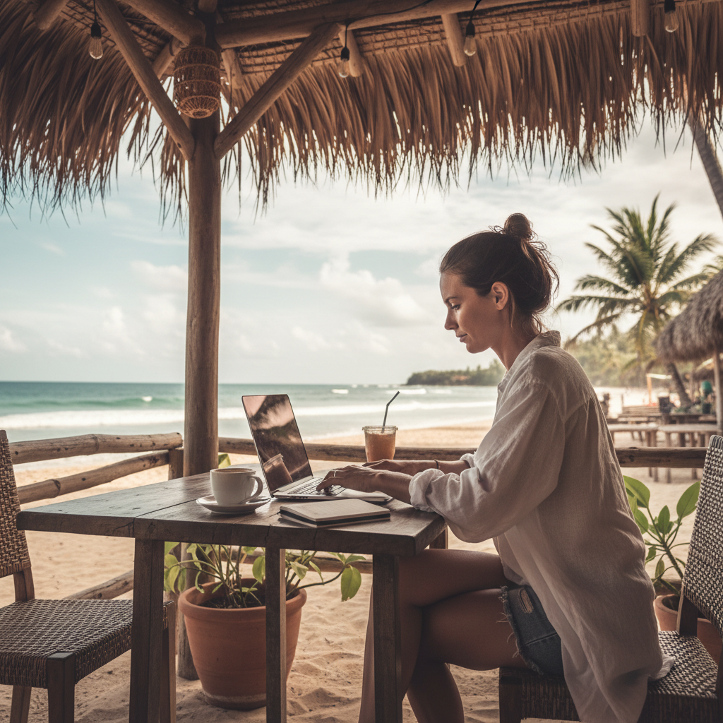 해변 카페에서 노트북으로 일하는 디지털 노마드