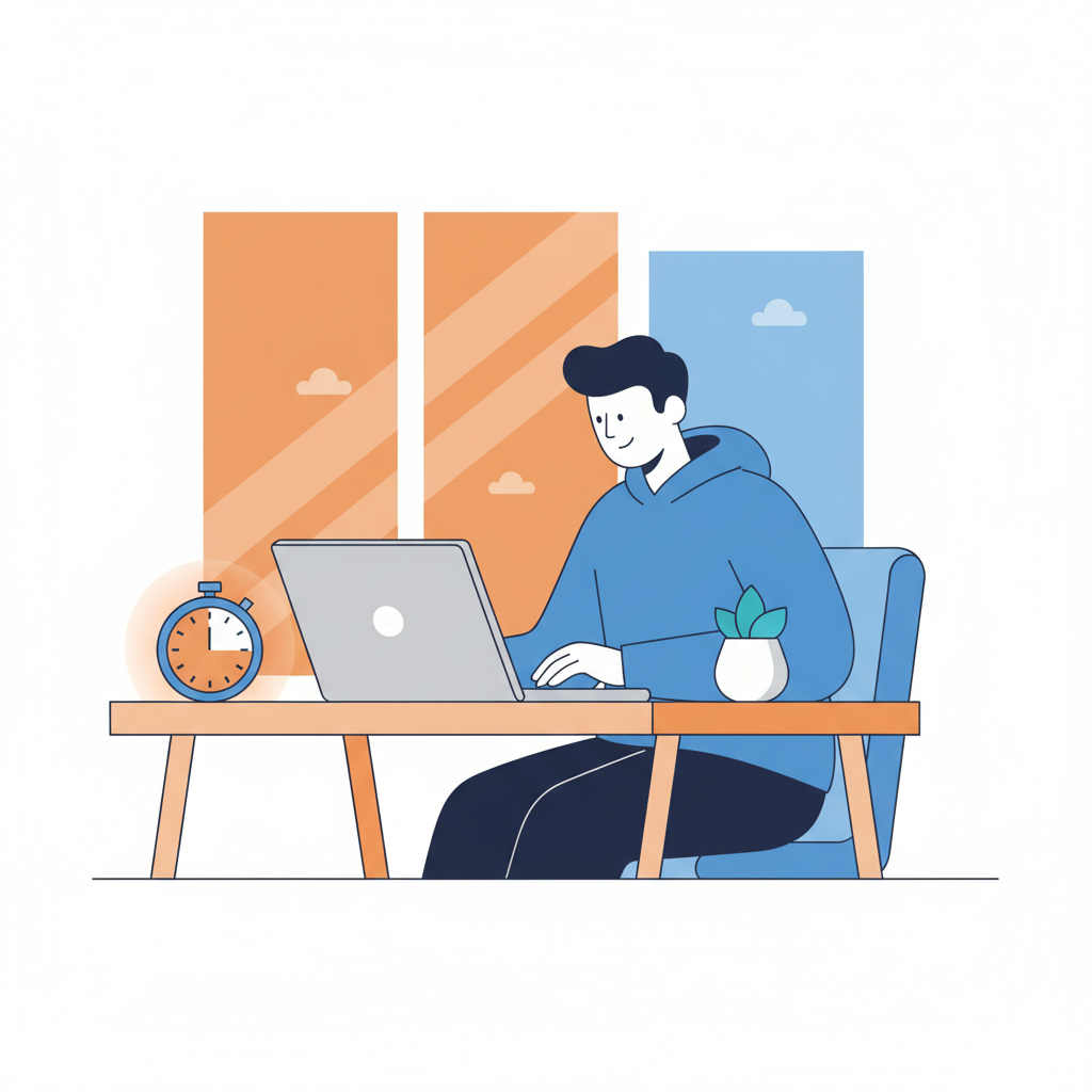 Digital nomad focusing on laptop work next to a pomodoro timer