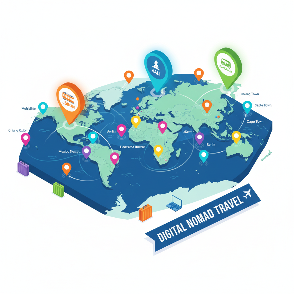 디지털 노마드 친화적인 도시들이 표시된 세계 지도