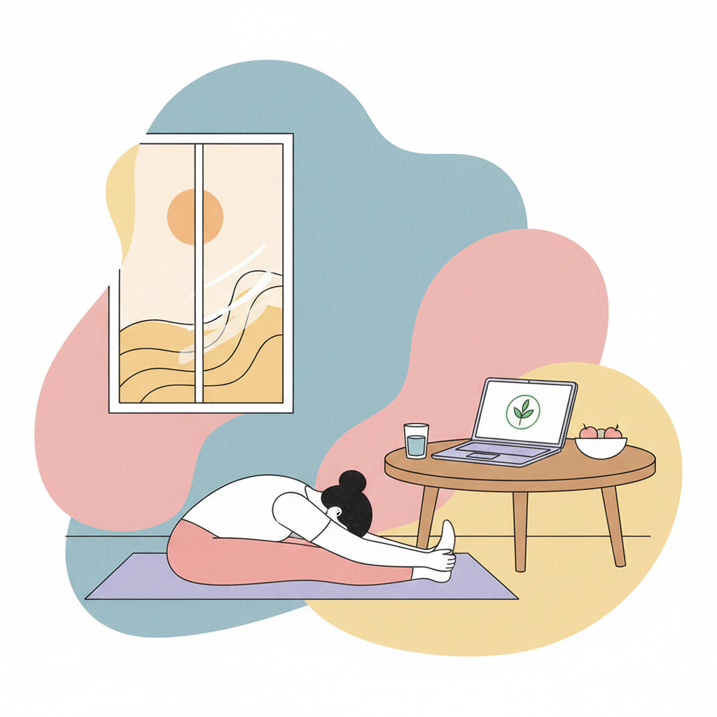 노트북 옆에서 요가를 하는 사람