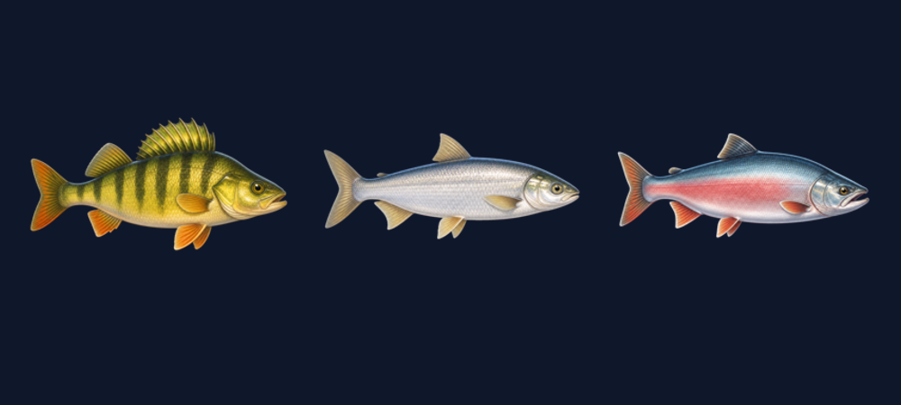 De gauche à droite : perchaude, corégone et saumon kokani. Les illustrations officielles du jeu sont présentées côte à côte.