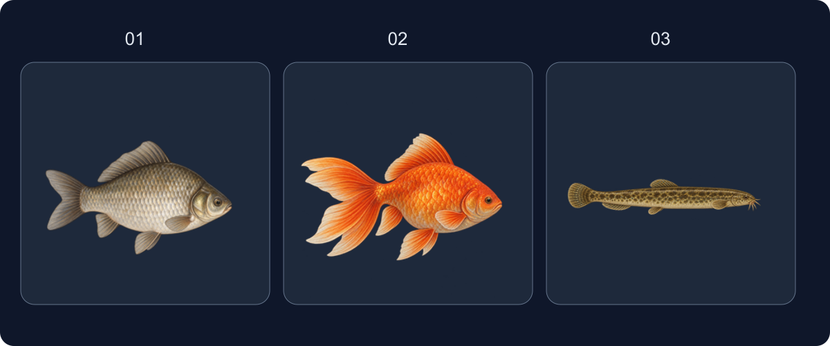 Official species assets, left to right: Crucian Carp, Goldfish and Loach. Explanatory arrangement of material matching public 1.3.3; not a gameplay capture.