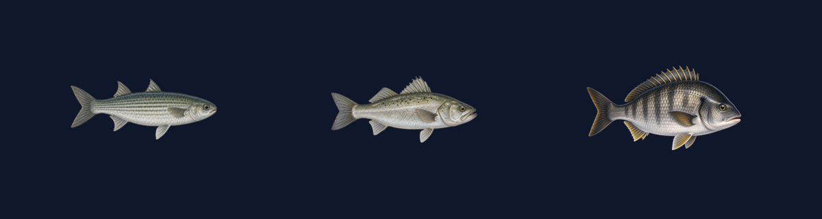Left to right: Mullet, Sea Bass, Estuary Black Seabream. Comparison edited from official public iOS 1.3.3 resources, not a gameplay capture.