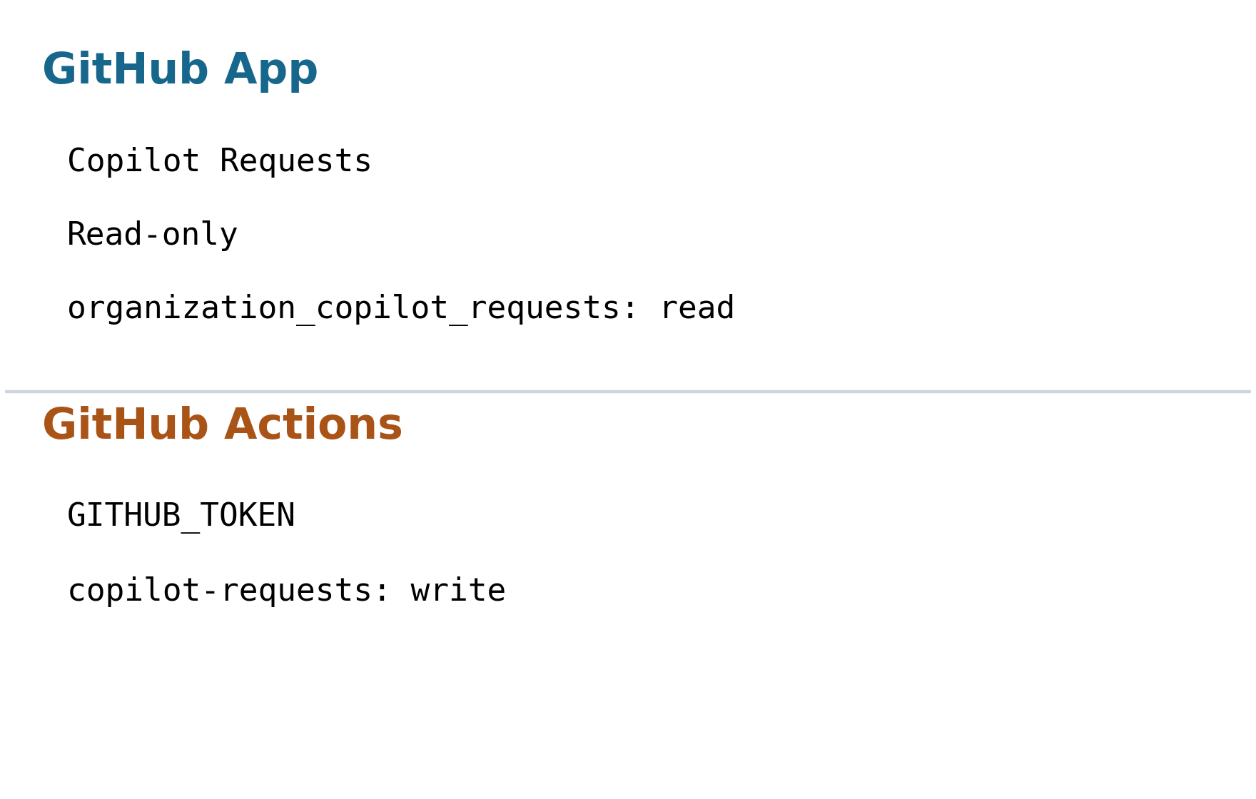 Comparação original: app organizacional com Copilot Requests: Read-only acima; Actions com GITHUB_TOKEN e copilot-requests: write abaixo. Não é tela do produto nem resultado executado.