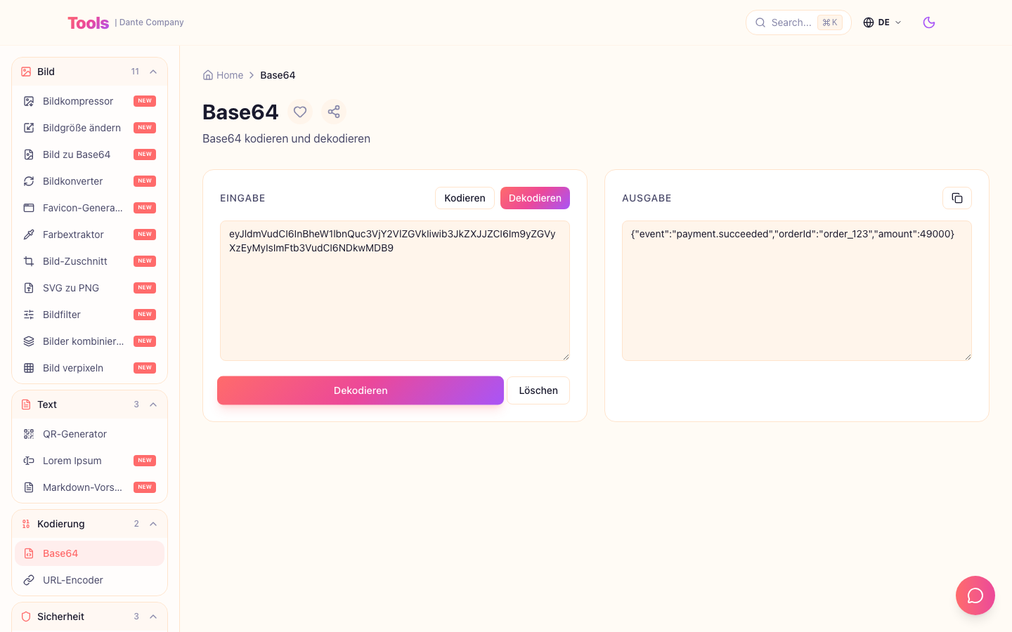 Dies ist der Bildschirm zur Verwendung des Base64-Tools.