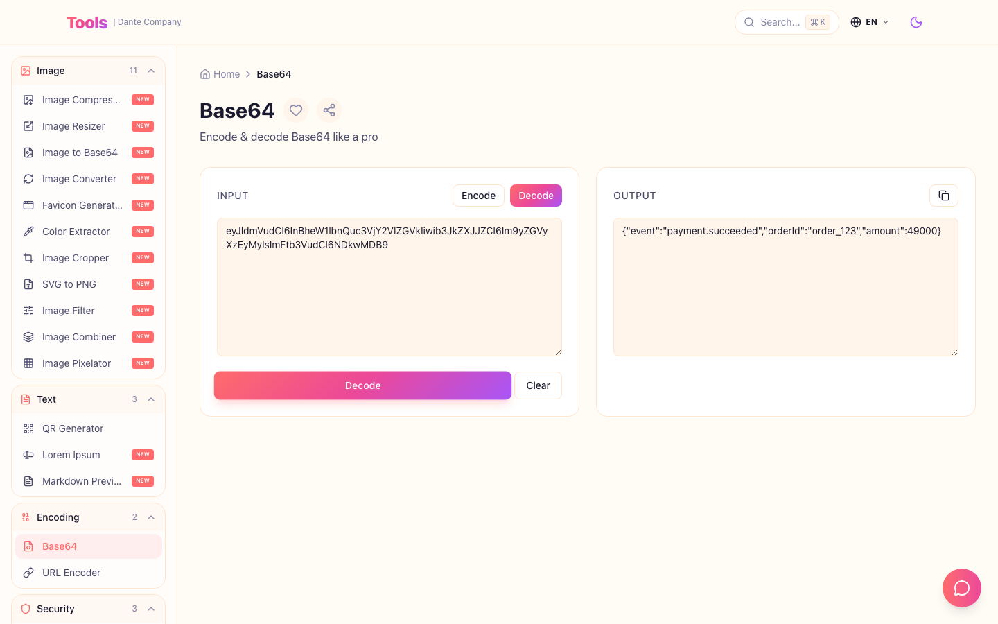 This is the Base64 tool usage screen.