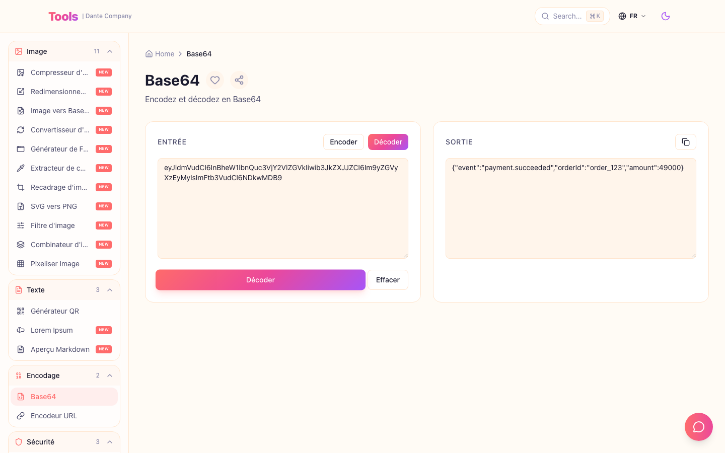 Ceci est l'écran d'utilisation de l'outil Base64.