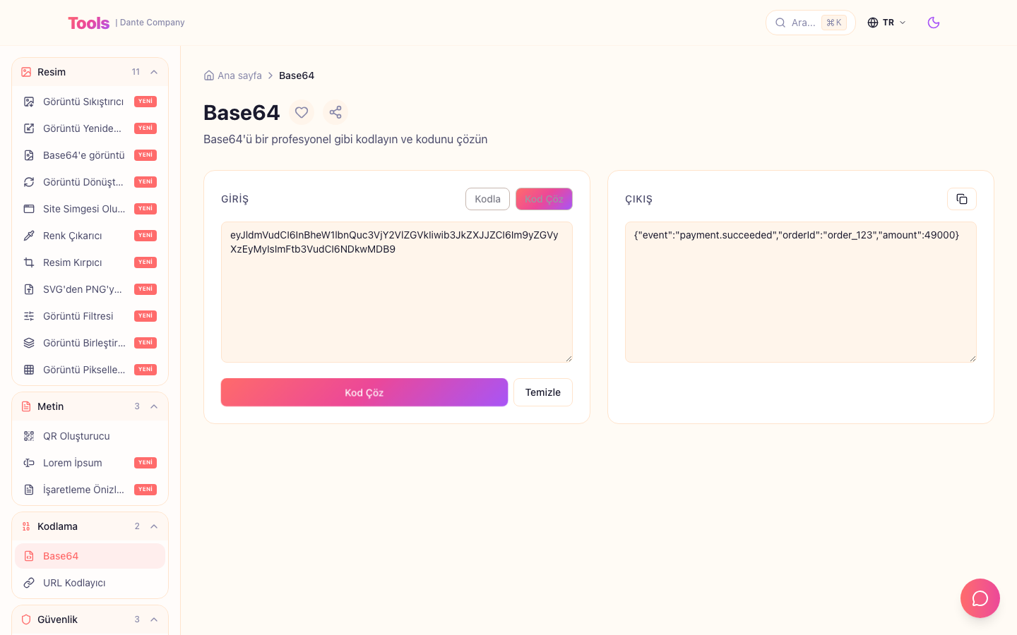 Bu Base64 aracının kullanım ekranıdır.