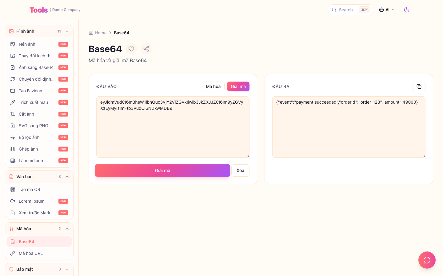 Đây là màn hình sử dụng công cụ Base64.