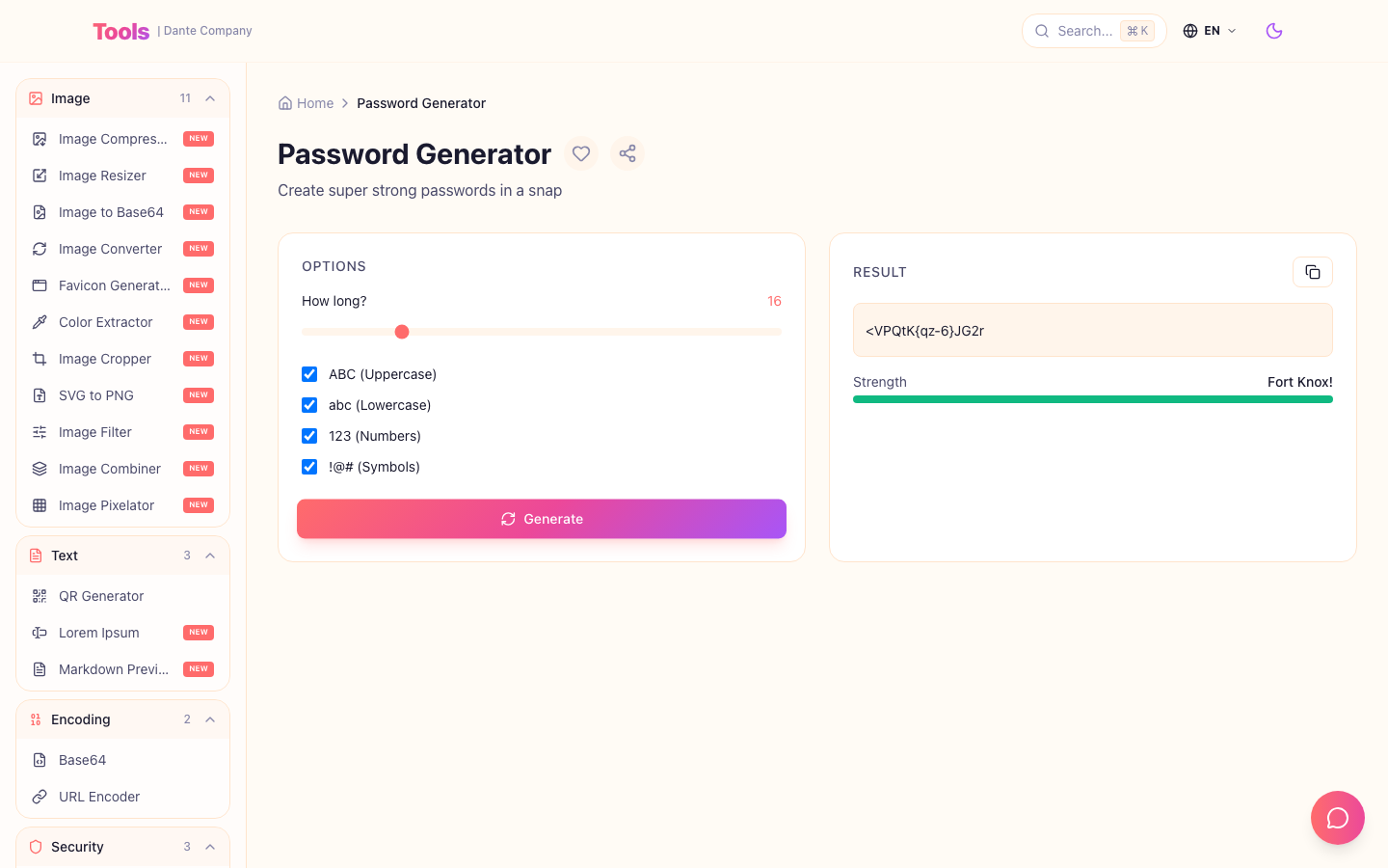 This is the password generator usage screen.