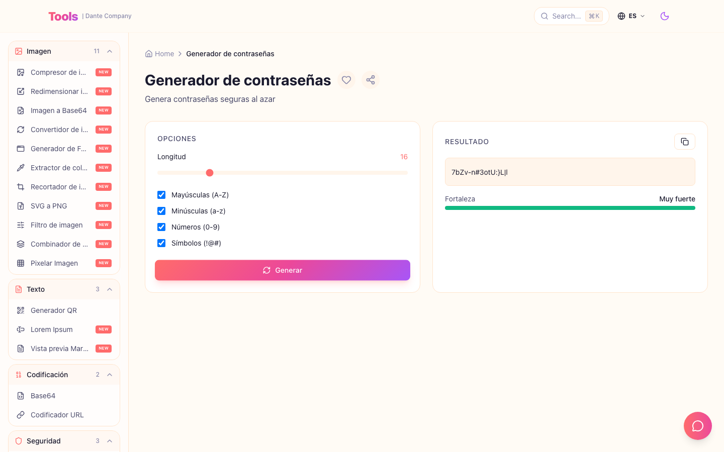 Esta es la pantalla de uso del generador de contraseñas.