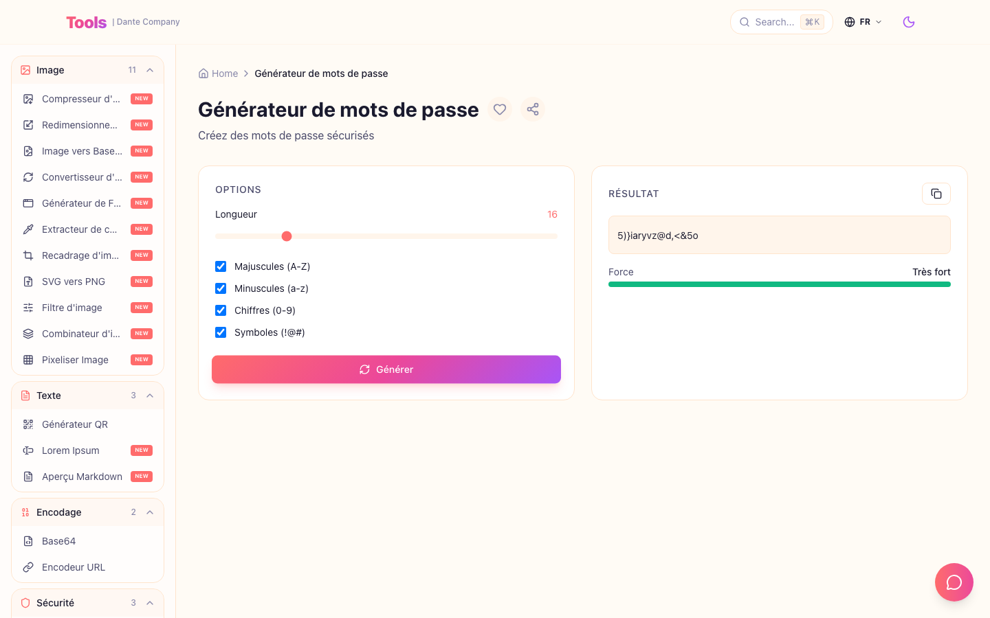 Ceci est l'écran d'utilisation du générateur de mots de passe.