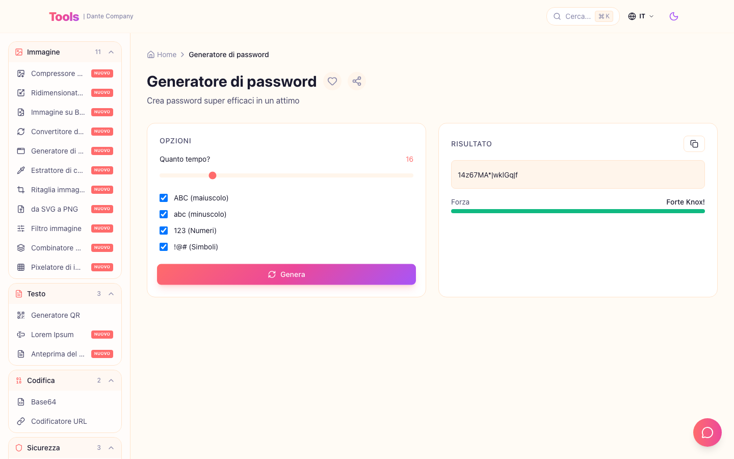 Questa è la schermata di utilizzo del generatore di password.