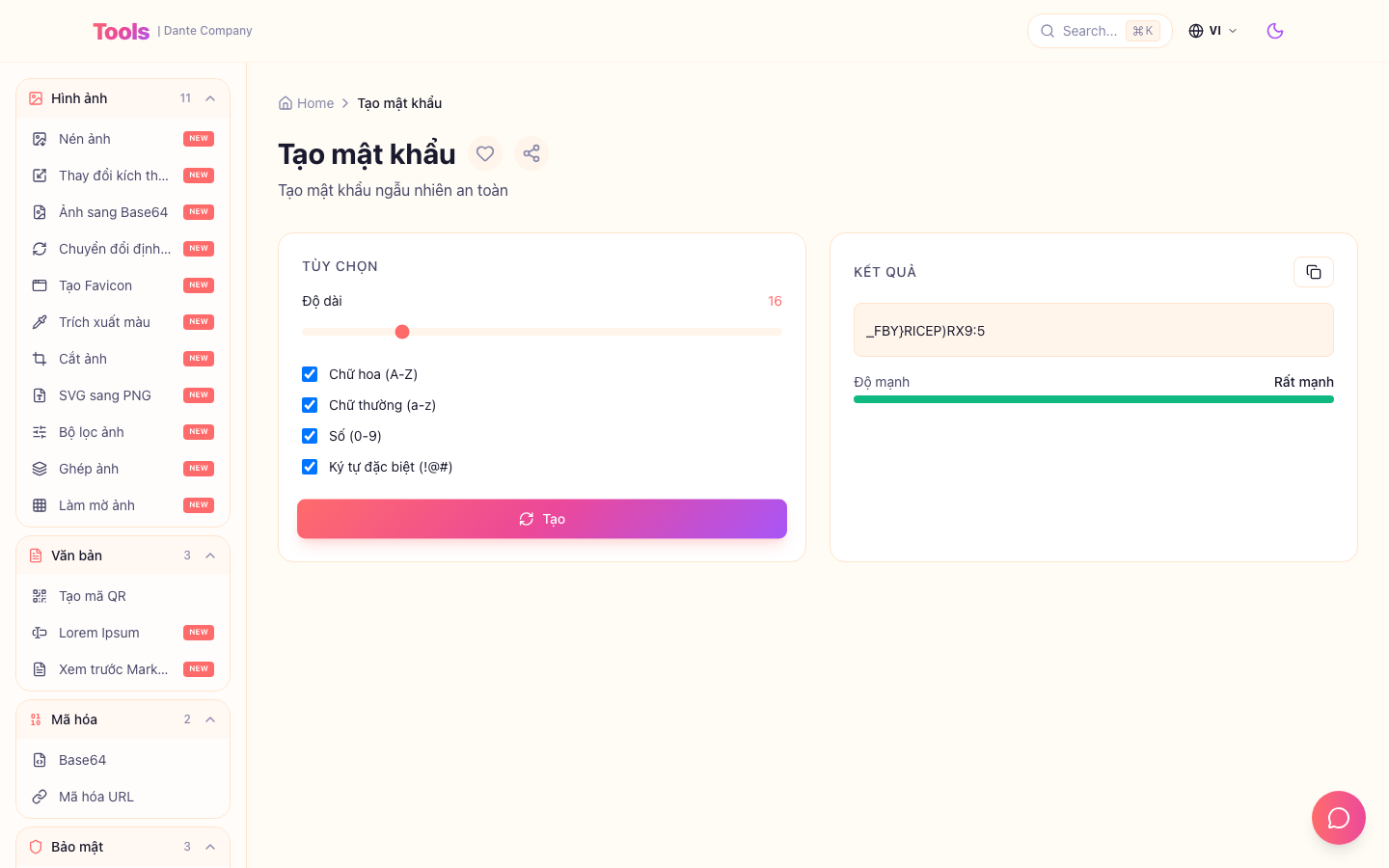 Đây là màn hình sử dụng trình tạo mật khẩu.